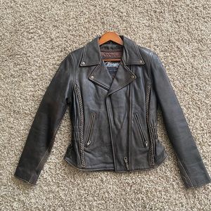 Genuine dark brown leather jacket with braided detailing.